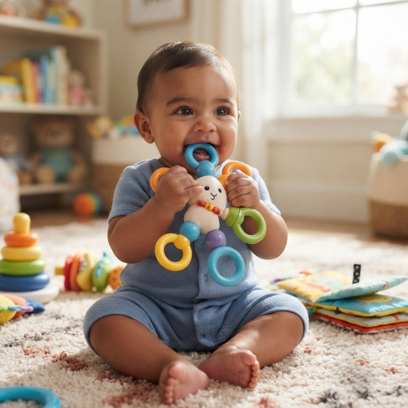 Mixed-heritage baby boy blue short-sleeve button romper sitting upright cream shag rug warm sunlit nursery both hands holding rainbow ring toy teal ring in open smiling mouth yellow green rings dangling stacking rings colourful animal figures fabric sensory book background