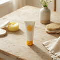 Baby sunscreen lotion tube styled on wooden table with natural skincare accessories