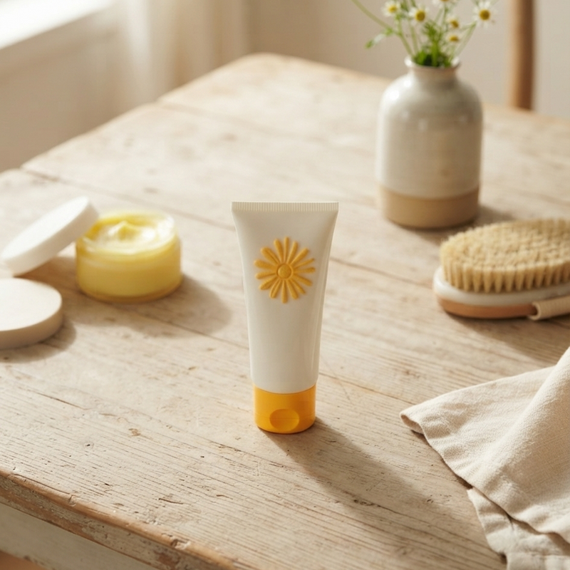 Baby sunscreen lotion tube styled on wooden table with natural skincare accessories