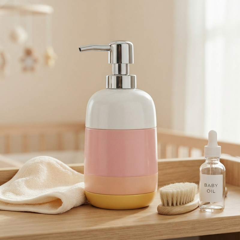Pastel baby lotion pump dispenser styled on wooden nursery tray with baby oil and soft brush