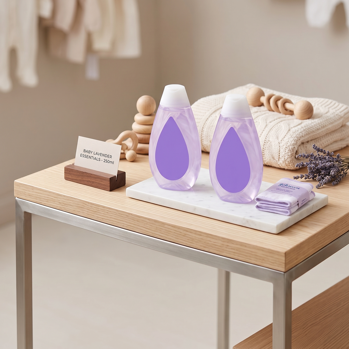 Two baby lavender essentials bottles styled on marble tray with wooden toys and lavender sprigs