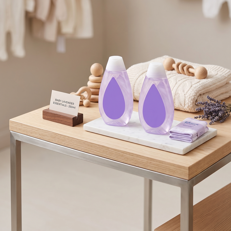Two baby lavender essentials bottles styled on marble tray with wooden toys and lavender sprigs
