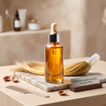 Premium Argan Hair Oil bottle styled on marble tray with real argan nuts, comb and silky hair