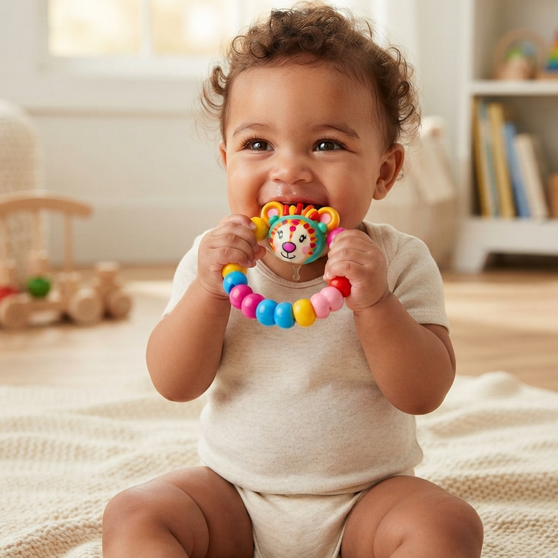 Happy baby holding and chewing colourful lion teether rattle ring toy