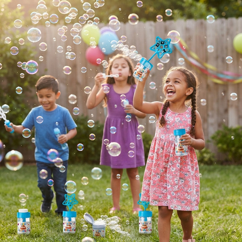 Kids blowing bubbles at birthday party outdoors with star bubble wands