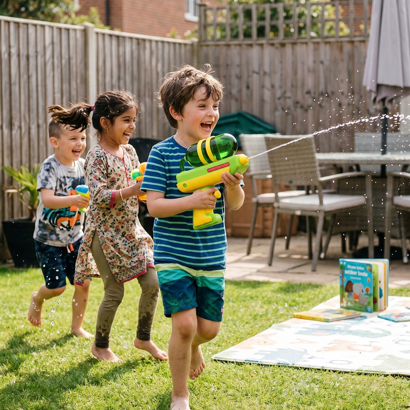 Kids laughing and playing with Capsule Tank Water Gun in garden backyard water battle