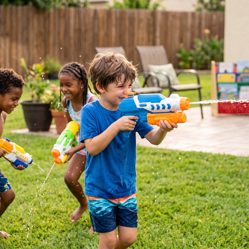 Kids having backyard water battle with large blue white and orange pump-action water blaster