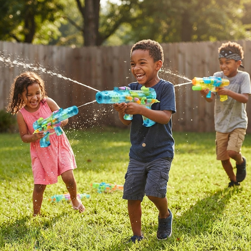 Kids laughing and playing with crystal clear water guns in sunny backyard water battle