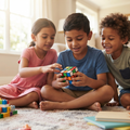 Three children sitting on living room floor excitedly solving a colour puzzle cube together
