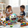 Two young children playing with monster mouth ball toy on playroom floor surrounded by colourful wooden blocks