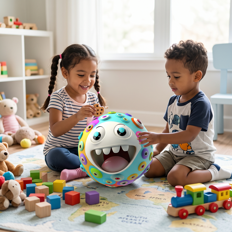 Two young children playing with monster mouth ball toy on playroom floor surrounded by colourful wooden blocks