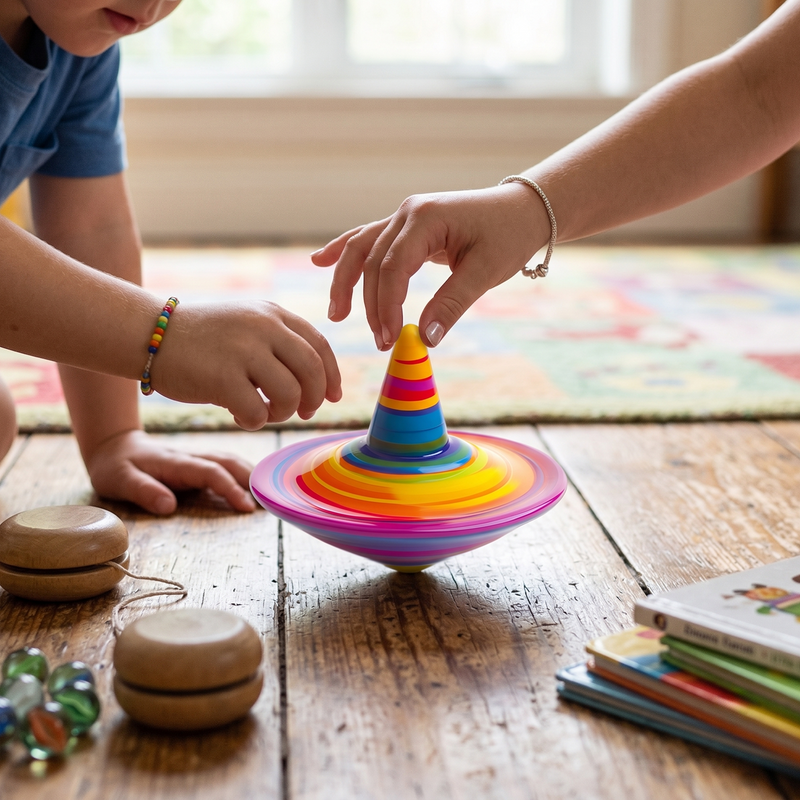 Parent and child spinning rainbow top together on wooden playroom floor with yo-yos and marbles nearby