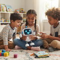 Three children sitting on playroom floor smiling and playing with friendly robot buddy toy together