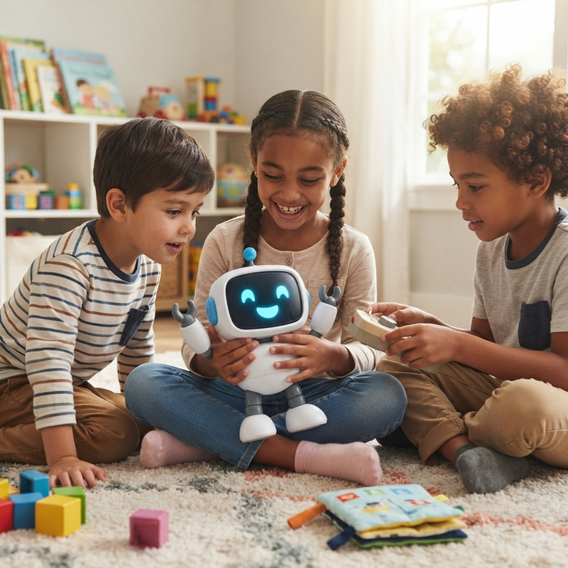 Three children sitting on playroom floor smiling and playing with friendly robot buddy toy together