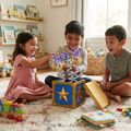 Three children sitting on playroom floor laughing with delight as triple jack-in-the-box spring jesters burst open
