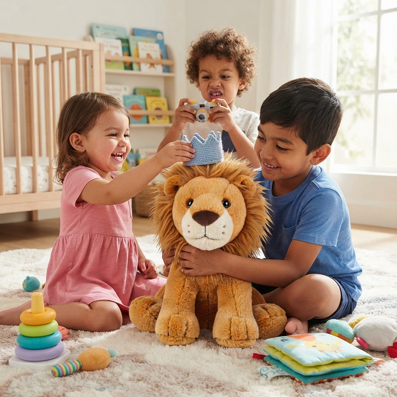 Three children sitting on playroom floor laughing and placing a knitted crown on Leo the Lion plush toy