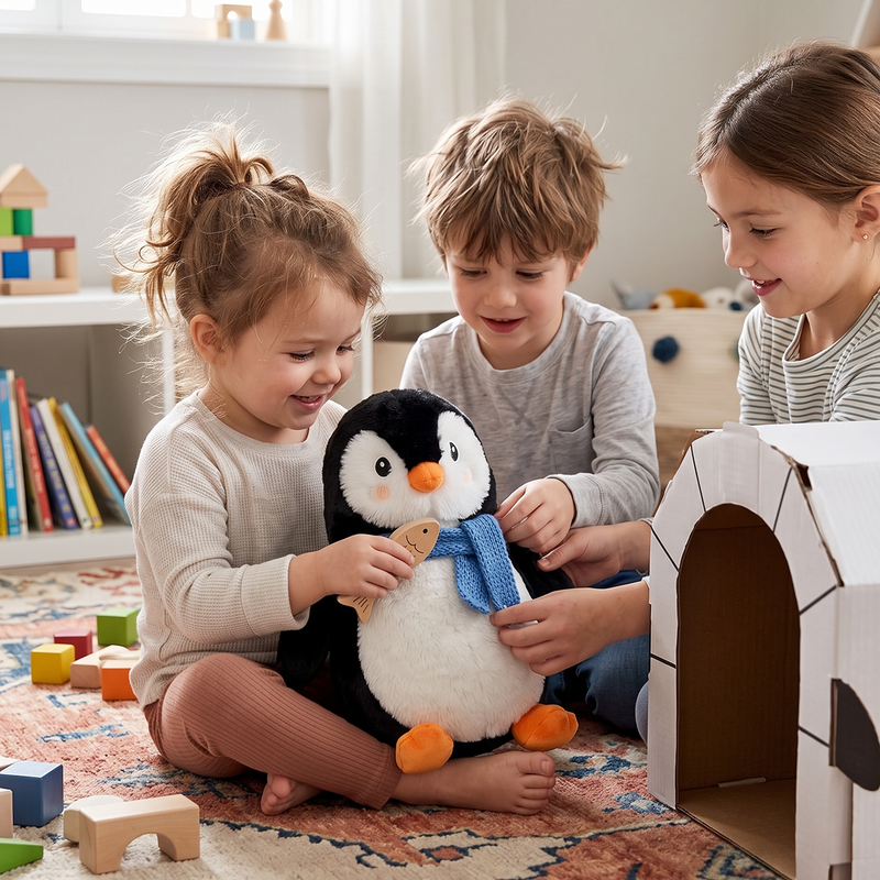 Three children sitting on playroom floor feeding and dressing Pebble the Penguin plush toy with blue scarf next to cardboard igloo