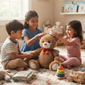 Three children sitting on playroom floor smiling and crowning Biscuit the teddy bear with a small party crown