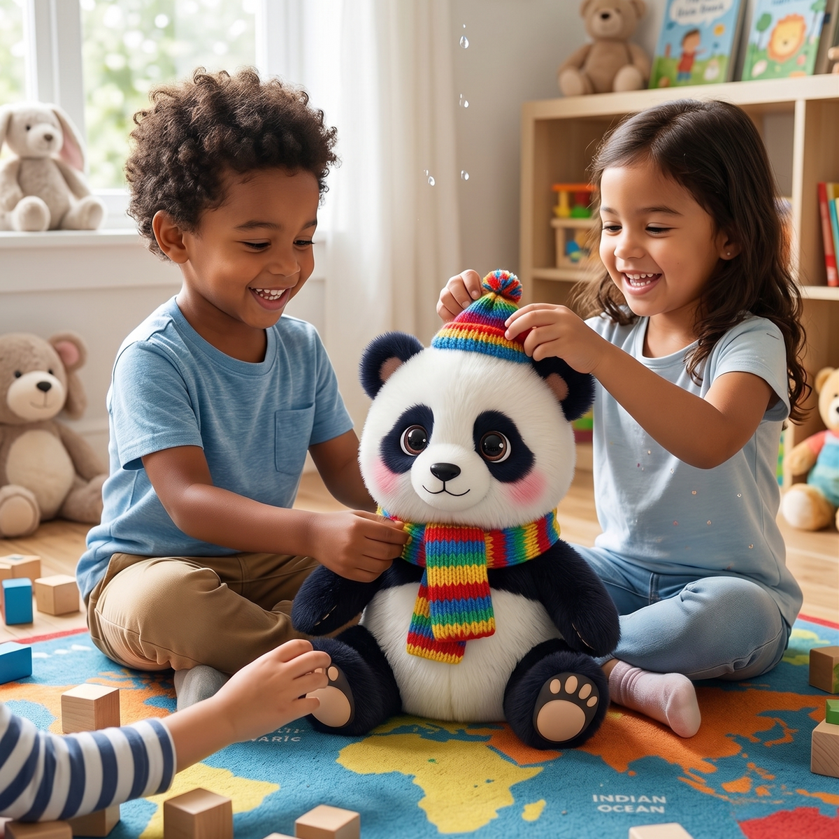 Two children sitting on world map playmat laughing and placing a rainbow pompom hat on Bamboo the panda plush