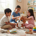 Three children sitting on playroom carpet laughing and placing a small crown on Biscotti the beagle puppy plush toy