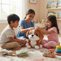 Three children sitting on playroom carpet laughing and placing a small crown on Biscotti the beagle puppy plush toy