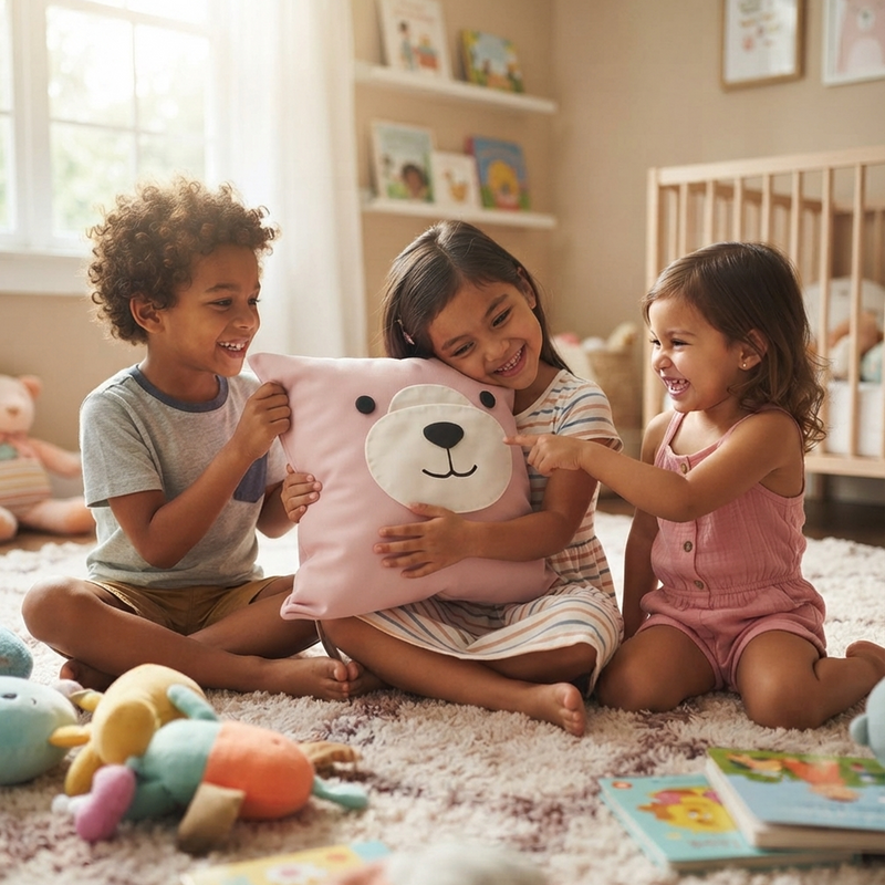 Three children sitting on fluffy playroom carpet smiling and hugging the pink Rosie bear face cushion together