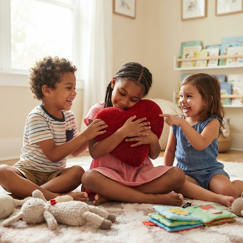 Three children sitting on fluffy playroom carpet laughing as one girl hugs the red heart cushion tightly