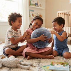 Three children sitting on fluffy playroom carpet laughing as one girl hugs the spherical moon planet cushion