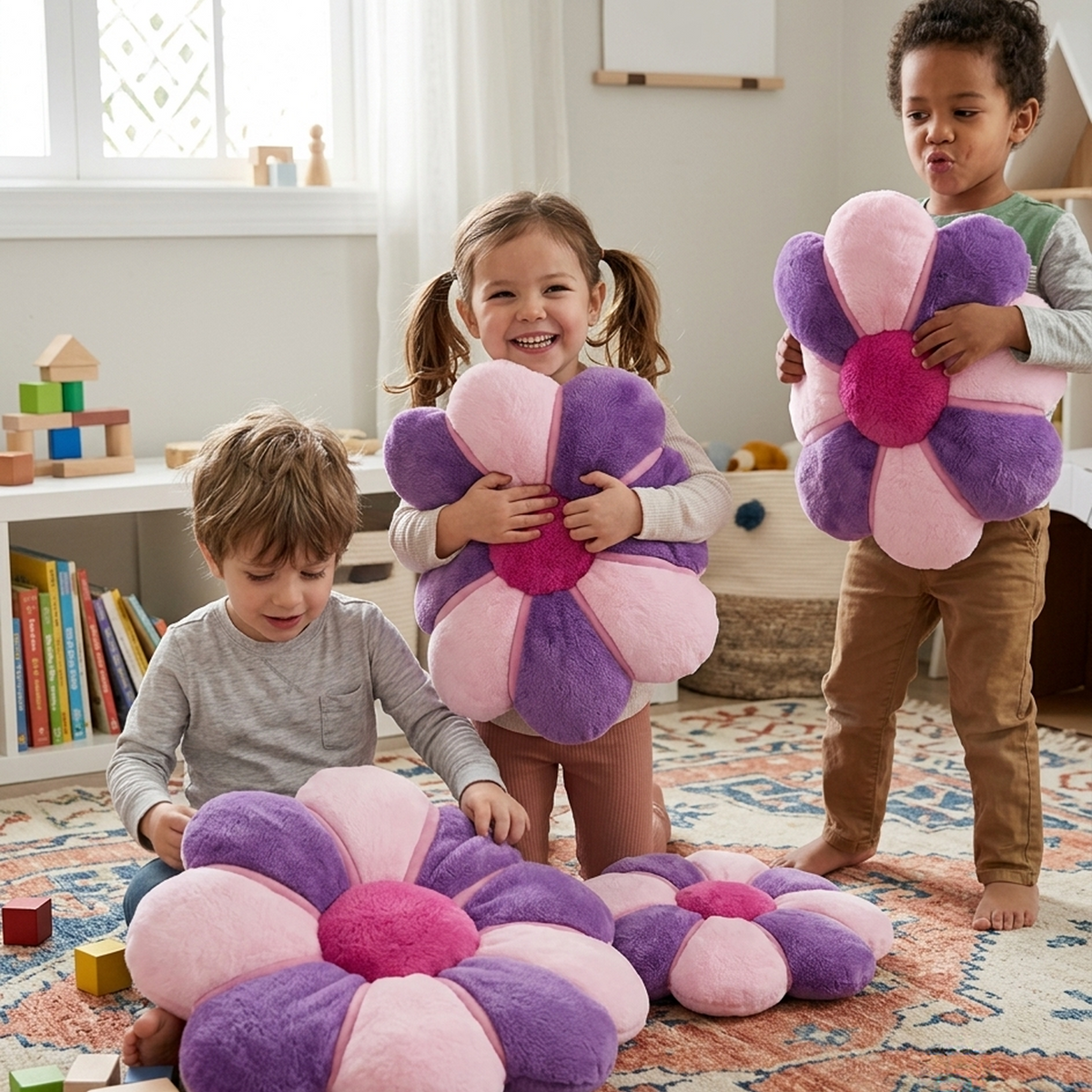 Three children in a bright playroom each hugging a large Daisy Flower Floor Cushion in pink and purple