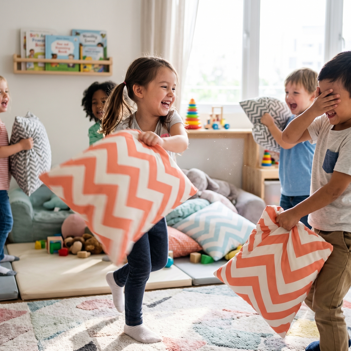 Five children laughing and having an epic pillow fight with coral zigzag chevron cushions in a bright playroom