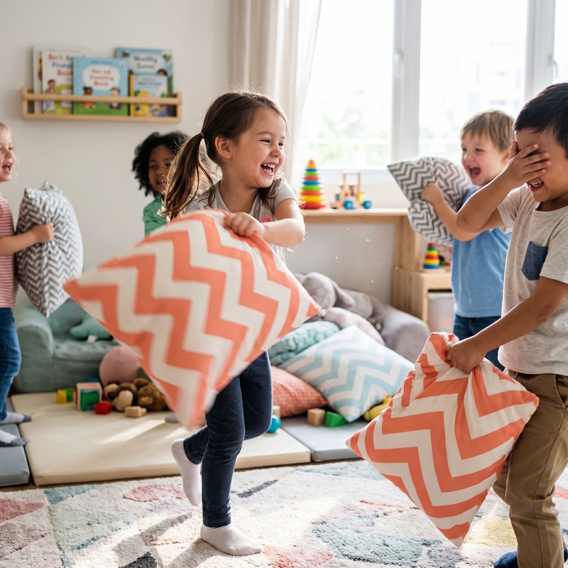 Five children laughing and having an epic pillow fight with coral zigzag chevron cushions in a bright playroom