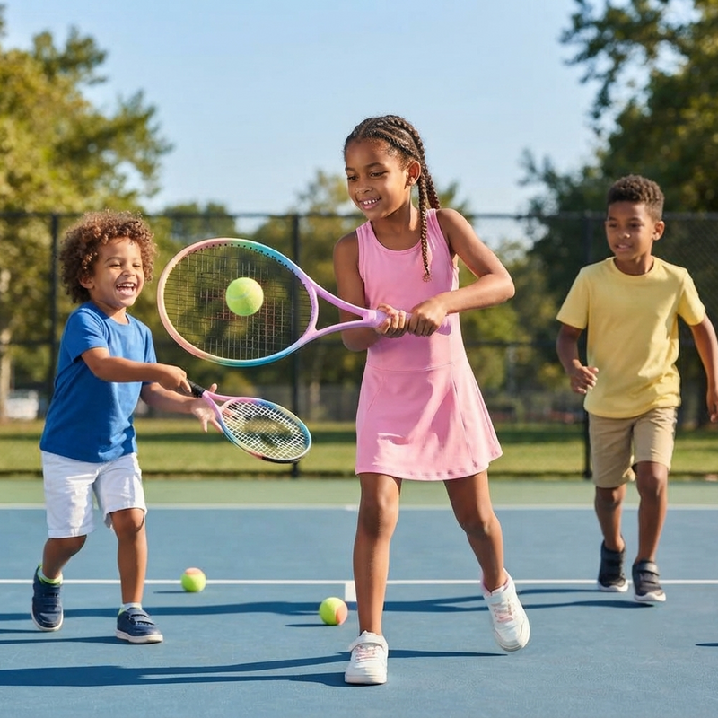 Three children laughing and playing tennis on a bright blue court with rainbow gradient junior rackets and yellow tennis balls