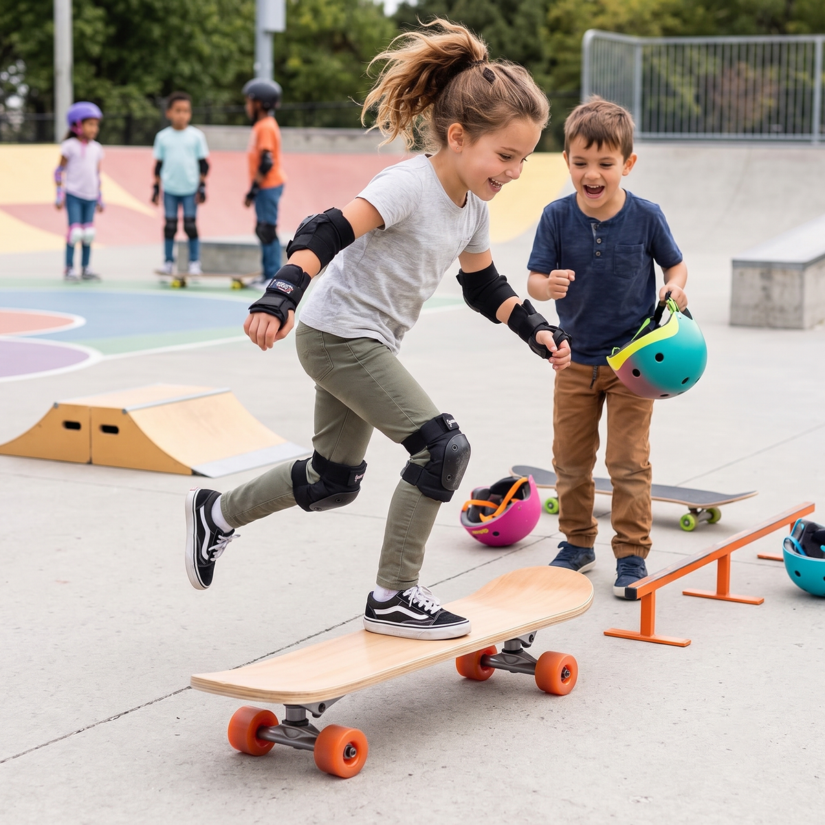Girl confidently riding Kids Starter Skateboard at colourful skate park with full protective gear while friend cheers