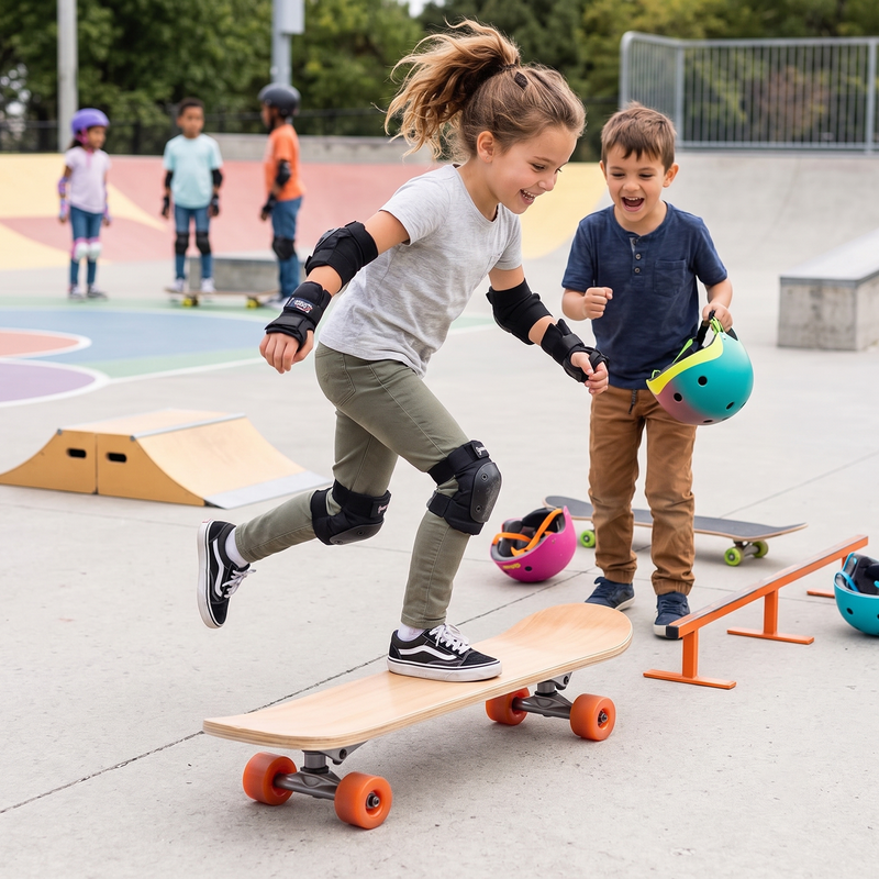 Girl confidently riding Kids Starter Skateboard at colourful skate park with full protective gear while friend cheers