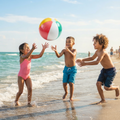 Three children splashing at the shoreline laughing as the colourful beach ball soars above turquoise waves under a bright blue sky