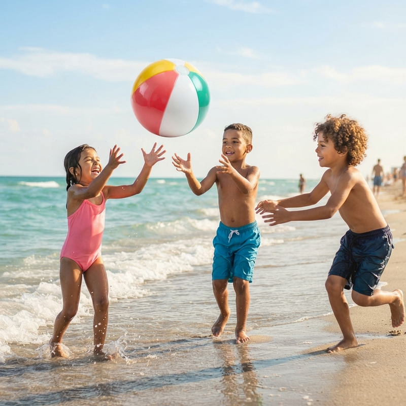 Three children splashing at the shoreline laughing as the colourful beach ball soars above turquoise waves under a bright blue sky