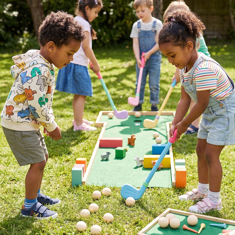 Four children playing mini golf on a wooden course on a sunny garden lawn with colourful block obstacles and tiny animal figurines