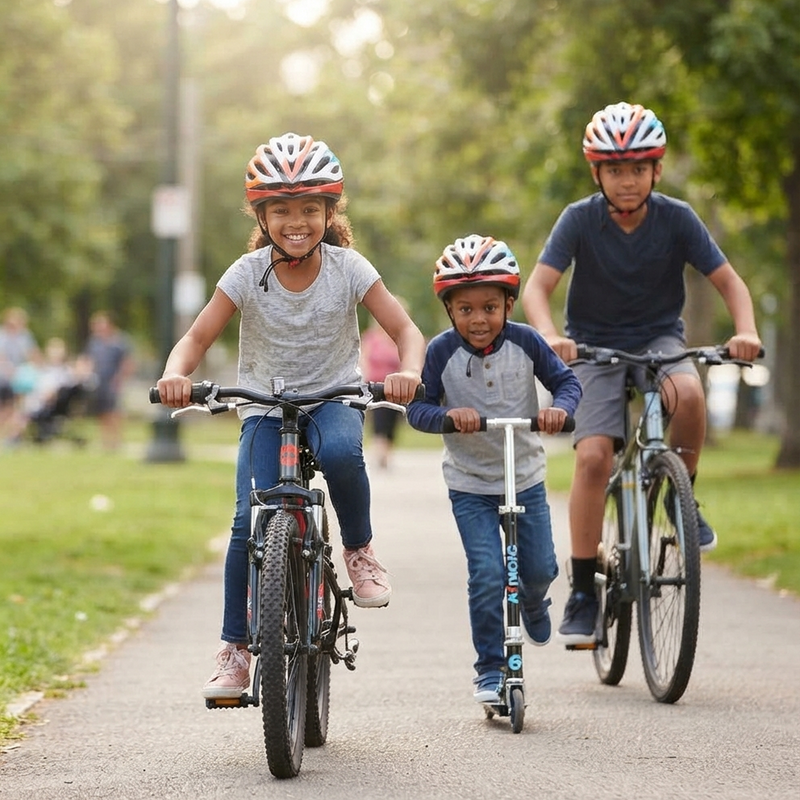 Three children confidently riding bikes and a scooter together through a sunny park path all wearing matching multi-sport helmets