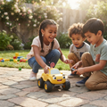 Three children in a sunny garden playing with Buzzy the RC Monster Truck one steering with the remote while two others lean in with delight