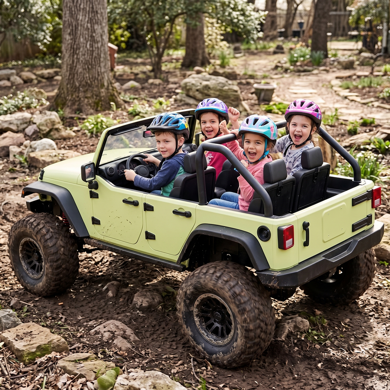 Four children wearing helmets navigating a muddy rocky woodland trail in the lime green electric ride-on Jeep Wrangler arms raised screaming with joy