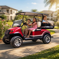 Three children laughing and cruising in the red electric golf cart ride-on down a sunny palm-tree-lined neighbourhood driveway