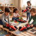 Four children in a bright playroom racing red F1 style toy cars along a wooden track with chequered finish line and building block pit stops