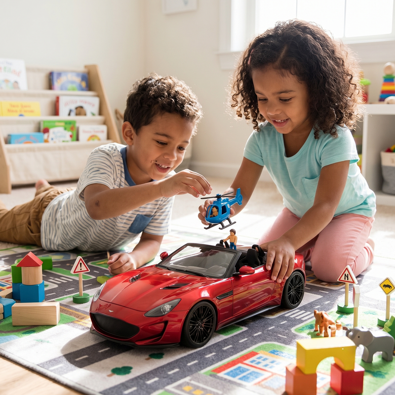 Two children playing with crimson supercar convertible toy on road-map play carpet with mini driver figure blue helicopter and wooden road signs