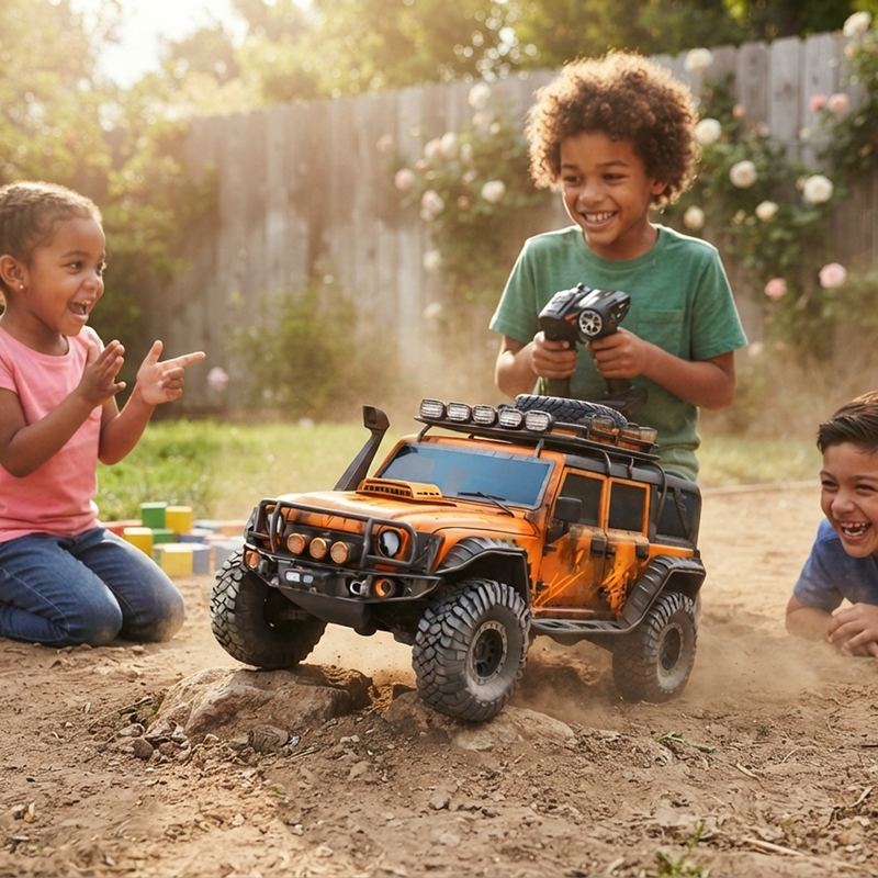 Boy steering RC Off-Road Monster Crawler over a dirt mound with pistol-grip remote while two friends watch in awe in a golden-hour garden
