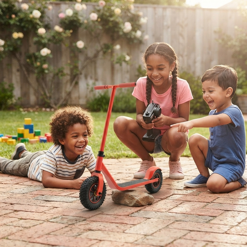 Three children in sunny garden one holding RC pistol-grip controller while two laugh as orange-red RC scooter rolls over a stone on paving