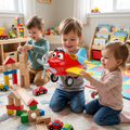 Three toddlers in bright cosy playroom boy holding Ace propeller plane aloft smiling while girl reaches to touch yellow wing surrounded by wooden blocks