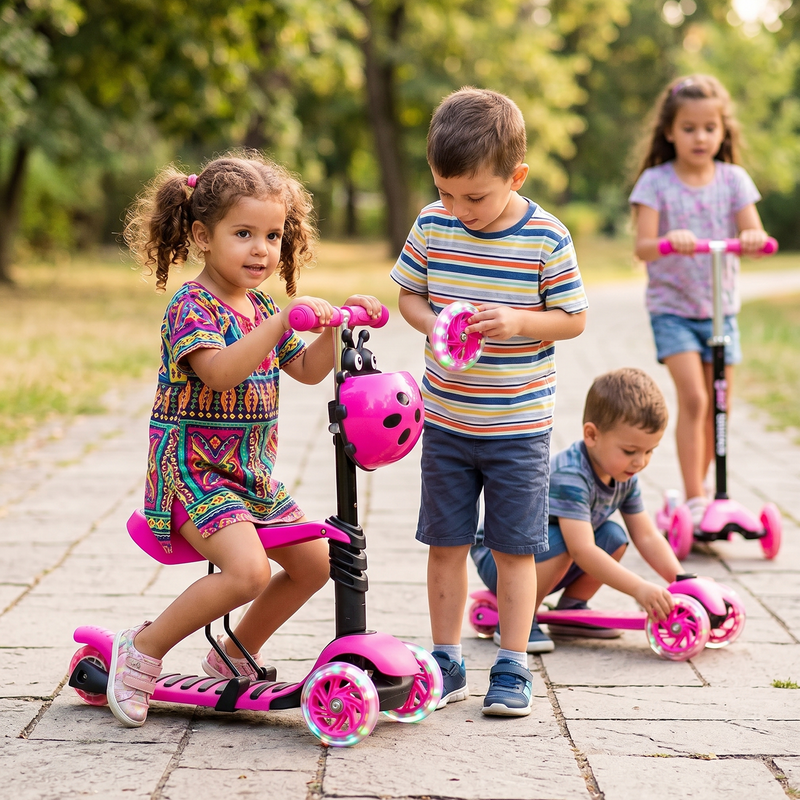 Curly-haired toddler girl seated on Ladybird Scooter in park while boy holds glowing LED wheel younger toddler plays on deck and older girl scoots standing behind