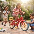 Black girl braids pink tee denim shorts pedalling red bicycle triumphant riding smile warm golden sunlit brick patio garden curly-haired mixed boy stripe tee clapping cheering behind younger curly boy denim vest crouching inspecting front tyre white rose garden fence colourful building blocks picture book