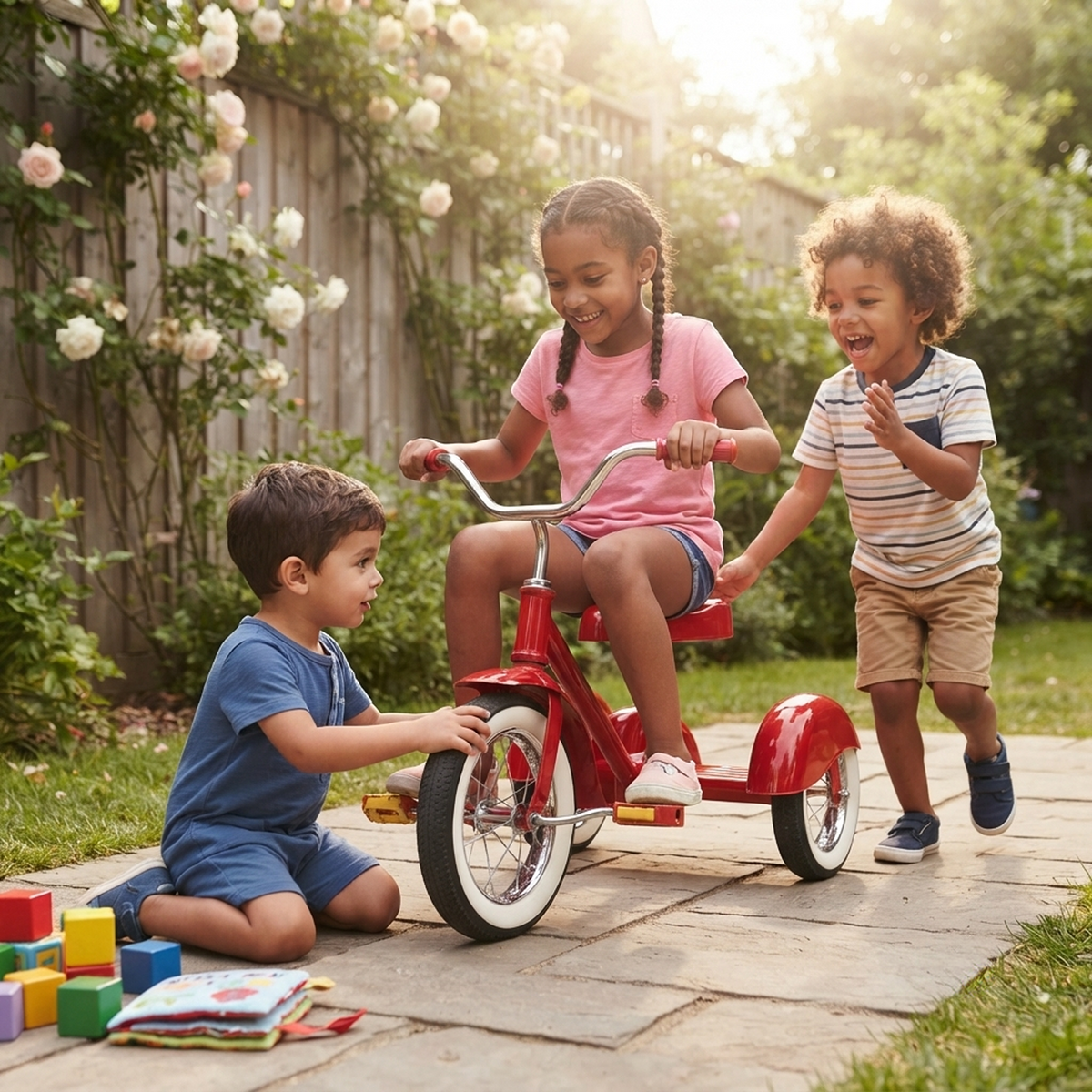 Black girl braids pink tee denim shorts sitting red tricycle saddle gripping red handlebar grips confident joyful riding smile South Asian boy blue tee sitting cross-legged stone patio hand on front wheel curious expression curly-haired mixed boy stripe tee laughing clapping white rose garden fence golden sunlight colourful building blocks fabric book