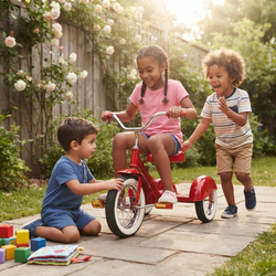 Black girl braids pink tee denim shorts sitting red tricycle saddle gripping red handlebar grips confident joyful riding smile South Asian boy blue tee sitting cross-legged stone patio hand on front wheel curious expression curly-haired mixed boy stripe tee laughing clapping white rose garden fence golden sunlight colourful building blocks fabric book